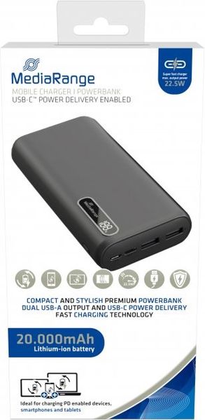 Зовнішній акумулятор (павербанк) MediaRange 20000mAh PD/18W, QC/22,5W, USB-C, 2*USB-A, with LCD (MR756) mx.8.8.4.36 фото